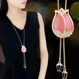Pendant Necklaces Pink Tulip Flower Long For Women Crystal Opal Choker Pendanst Fashion Sweater Chain Jewelry Collier