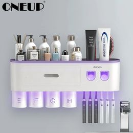 Toothbrush Holders ONEUP Magnetic Cups Toothbrush Holder Wall Storage Rack Automatic Toothpaste Dispenser Waterproof For Bathroom Accessories Set 231013