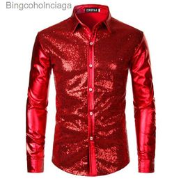 Theme Costume Red Sequin Metallic Patchwork Shirt Men New 70's Disco Nightclub Sparkle Shirt Mens Halloween Party Stage Prom ComeL231013