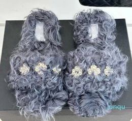 Women Ladies Fur Shearling Slippers Mohair Fuzzy Slides Interlocking C Pearls Clover Furry Mule Slip Flats LOGO Sandal Embellished Grey