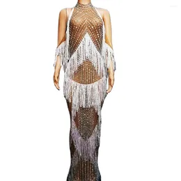 Stage Wear Sexy Nude Shining Rhinestones Silver Tassel Women Dress Evening Party Celebrate Clothing Costume Birthday Club Wears