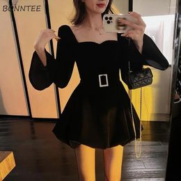 Casual Dresses Flare Sleeve Dress Women Square Collar Sashes Tunic Mini Ball Gown Vestido All-match Temperament Party Winter Fashion Cozy