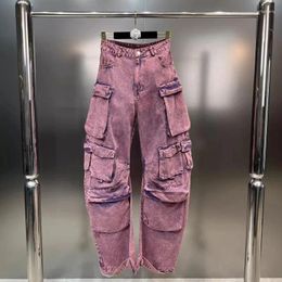 Women's Jeans PREPOMP 2023 Autumn Collection High Waist Purple Wide Leg Denim Pants Women Multi Pockets Cargo GL479