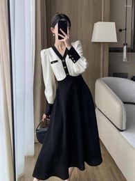 Casual Dresses Autumn Vintage Single-breasted Elegant Office Party Long Dress Women's V-neck A-line Black White Patchwork Pleated French