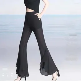 Women's Pants Korean Fashion High Waist Flared Women 2023 Summer Thin Slim Black Trousers Design Chiffon Ruffle Drape Lady Bell-Bottoms