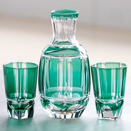 Japan KAGAMI Design Edo Kiriko Crystal Rock Glass Hand Carving Green Bamboo Liquor Wine Tumbler Top Grade Whiskey Cup