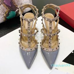 New fashio women high heels sandals wedding shoes Patent Leather rivets Sandals Women Studded Strappy Dress Shoes v high heel Shoe