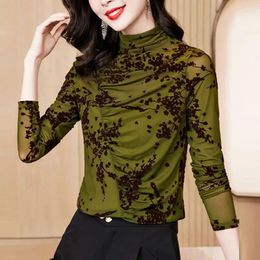 Women's Blouses Fashion Turtleneck Gauze Folds Printed Blouse Clothing 2023 Autumn Winter Casual Pullovers Office Lady Shirt