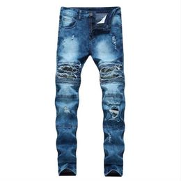 2021 Spring Men Ripped Biker Jeans Streetwear Destroyed Denim Pants Slim Bottoms Male Patchwork Hole Pencil Trousers Hombre327c