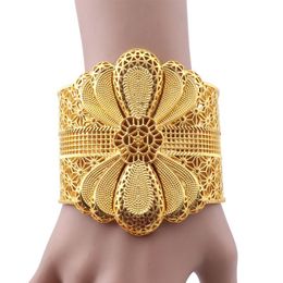 Luxury Indian Big Wide Bangle 24k Gold Color Flower Bangles For Women African Dubai Arab Wedding Jewelry Gifts260R