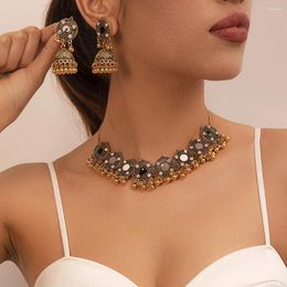 Pendant Necklaces Fashion Women's Gemstone Necklace & Earrings Set Boho Colourful Oil Drip Metal Rhinestone Summer Beach Jewelry
