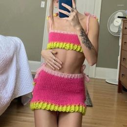 Work Dresses Women Y2k Knitted Suit Colour Contrast Tie-up Crop Top Camisole And Elastic Waist Mini Skirt 90s 00s E-girl Retro Two Piece Set