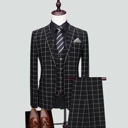 Men's Suits Black Plaid Cheque Wedding For Men Formal Groom Wear Blazer Custom Made Smoking Business Prom/Dinner/Party Tuxedos 3 Pcs