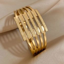 Bangle Greatera Stainless Steel Chunky Geometric Wide Bangles Bracelets for Women Gold Plated Metal Bracelet Waterproof Jewellery 231012