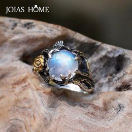 JoiasHome 925 sterling silver women's ring vintage rose gold separation tree leaf natural moonstone Thai silver jewelry gift311H