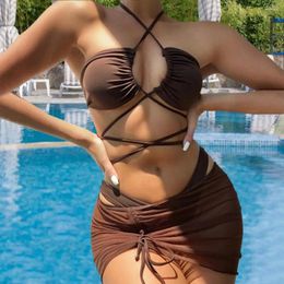 Women's Swimwear Women High Waist Sexy Lace Up Micro Bikini Set Halter Bra Briefs Cover 2023 3 Pieces Swimsuit