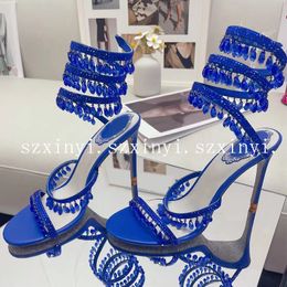 Top-Quality Fashion Rhinestone Tassel Women's High Heels 9.5cm Leather Sandals with Snake Shaped Ankle Straps