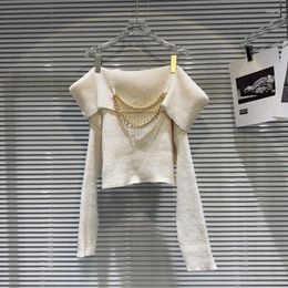 Women's Sweaters PREPOMP 2023 Autumn Collection Long Sleeve Gold Chain Slash Neck Beige Sweater Women Knitting Pullover GL662