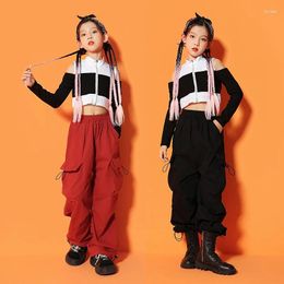 Stage Wear Pants For Girls Jazz Dance Costume Rave Clothes Kids Showing Street Hip Hop Clothing Crop Top Long Sleeve T Shirt Casual Cargo