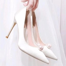 Dress Shoes Women Pumps Fashion Women's Shoes Pointed White Pearl High Heels 8cm Stiletto Red Bridal Wedding Pary Shoes 231012