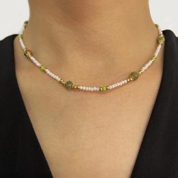 Choker Peri'sbox Vintage Handmade Natural Green Facted Tourmaline Stone White Seed Beaded Necklace For Women Boho Collar Jewelry