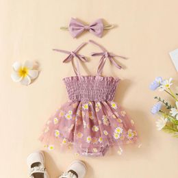 Rompers 2023 Summer Baby Girls Romper Set Spaghetti Straps Pleated Flower Print Tulle Patchwork A-line Dress With Bowknot Headband