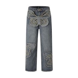 Butterfly Patches Embroidered Washed Straight Vintage Baggy Fitting Jeans for Men High Street Distressed Jeans Pants Women