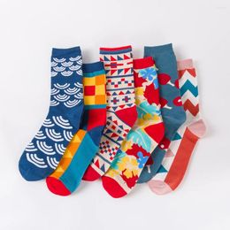 Men's Socks 6 Pairs Colorful Happy Racket Grid Pattern Long Tube Men Fashion Funny Harajuku Casual Cotton