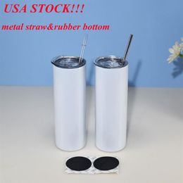 Local warehousesublimation tumbler 20oz straight tumbler with metal straw rubber bottom blank skinny cup stainless steel mug US 3119