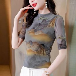 Women's Blouses Summer Half Sleeve Slim Fit Clothes Vintage Print Shirt For Women Double Layer Mesh Blouse 2023 High Collar Tops 28381