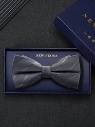 Bow Ties Dark Grey striped bow tie men's business suit British Korean double-layer bow man group wedding solid Colour host 231013