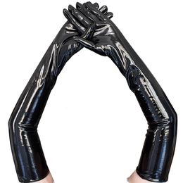 Five Fingers Gloves Adult Sexy Long Black Latex Gloves Metallic Wet Look Faux Leather Gloves Clubwear Dance Catsuit Cosplay Accessory Mittens 231013