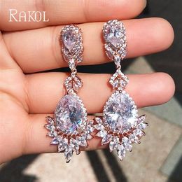 RAKOL Luxury Cubic Zircon Rose Gold Colour Water Drop Crystal Big Long Dangle Earrings For Brides Women Wedding Jewellery RE021271Y