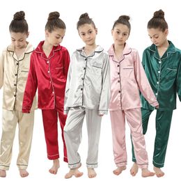 Pyjamas 2pcs Infant Baby Boy Girl Silk Satin Top Pant Long sleeve Solid ButtonDown Pyjamas Set Nightgown Child Sleepwear 231013