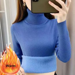 Womens Sweaters Velvet Lined Warm Turtleneck Sweater Women Slim Thick Knitting Winter Pullover Elastic Soft Tops Fall Plush Knitwear 231013