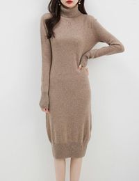 Casual Dresses Elegant Fashion Cashmere Sweater Women Merino Wool V-Neck Long-Sleeve Thick Knitted Dress Winter Long A-Line Skirts