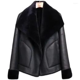 Women's Leather 5XL 2023 Haining Jacket Coat Women Splicing Fashion Slim Lamb Hair Lapel Imitate Fur Mujer Outwear Black
