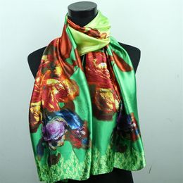 1pcs Red Purple Rose Rose Green Scarves Women's Fashion Satin Oil Painting Long Wrap Shawl Beach Silk Scarf 160X50cm2786