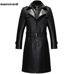 Men's Leather Faux Mauroicardi Spring Autumn Long Black Blazers Men Belt Plus Size Waterproof Windproof Pu Coat for 3xl 4xl 5xl 231012