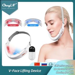 Face Massager CkeyiN Chin V-Line Up Lift Belt Machine Blue LED Pon Therapy EMS Face Lifting Slimming Vibration Massager Double Chin Reducer 231012