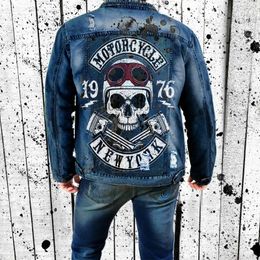 Men's Jackets Denim Jacketstreet Motorcycle Retro Hole Jacket 2023 Autumn And Winter Personality Skull Print Wholesale