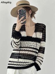 Women's Sweaters Pullovers Women Leisure All-match Streetwear Loose Comfortable Tender Holiday Lace-up Creativity Students Trendy Striped