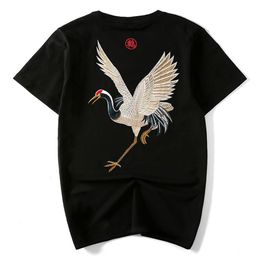 Summer new tide brand Chinese style retro national wind cotton half-sleeved embroidery crane short-sleeved T-shirt male loose318f