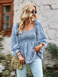 Women's Blouses 2023 Summer Y2k Elegant T-Shirt Lace Trim Retro Sweet Square Neck Street Pleated Casual Slim Long Sleeve Tops