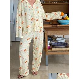 Women'S Sleepwear Womens Sleepwear 2 Piece Printed Pajama Set For Women Cute Stberry Floral Fruit Pattern Shirt Pants Button Up Outfit Otnn7