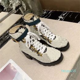 2023-Women's Luxury Designer Ankle Boots Half Boot White High Quality Fabric Wedge Heel Leather Buckle Paired with Motorcycle