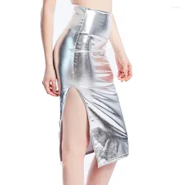 Stage Wear Shiny Metallic Spandex A Line Skirt Bodycon Gold Party Club Pencil Lady Goth Hippie Vintage Knee Length Skirts