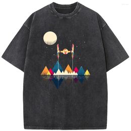 Men's T Shirts Contrast Colour Aircraft Short-Sleeved T-shirt 230g Summer Casual Washed Vintage O-Neck Bleached Tshirt