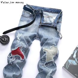Jeans Vintage Men Clothing Hiphop Streetwear Distressed White Medium Moustache Effect Casual High Fashion Pants234Y