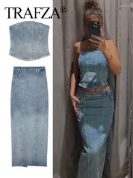 Work Dresses TRAFZA Female Fashion Vintage Denim Tight Tops High Waist Blue Gradient Pocket Design Stitching Skirt 2 Piece Set